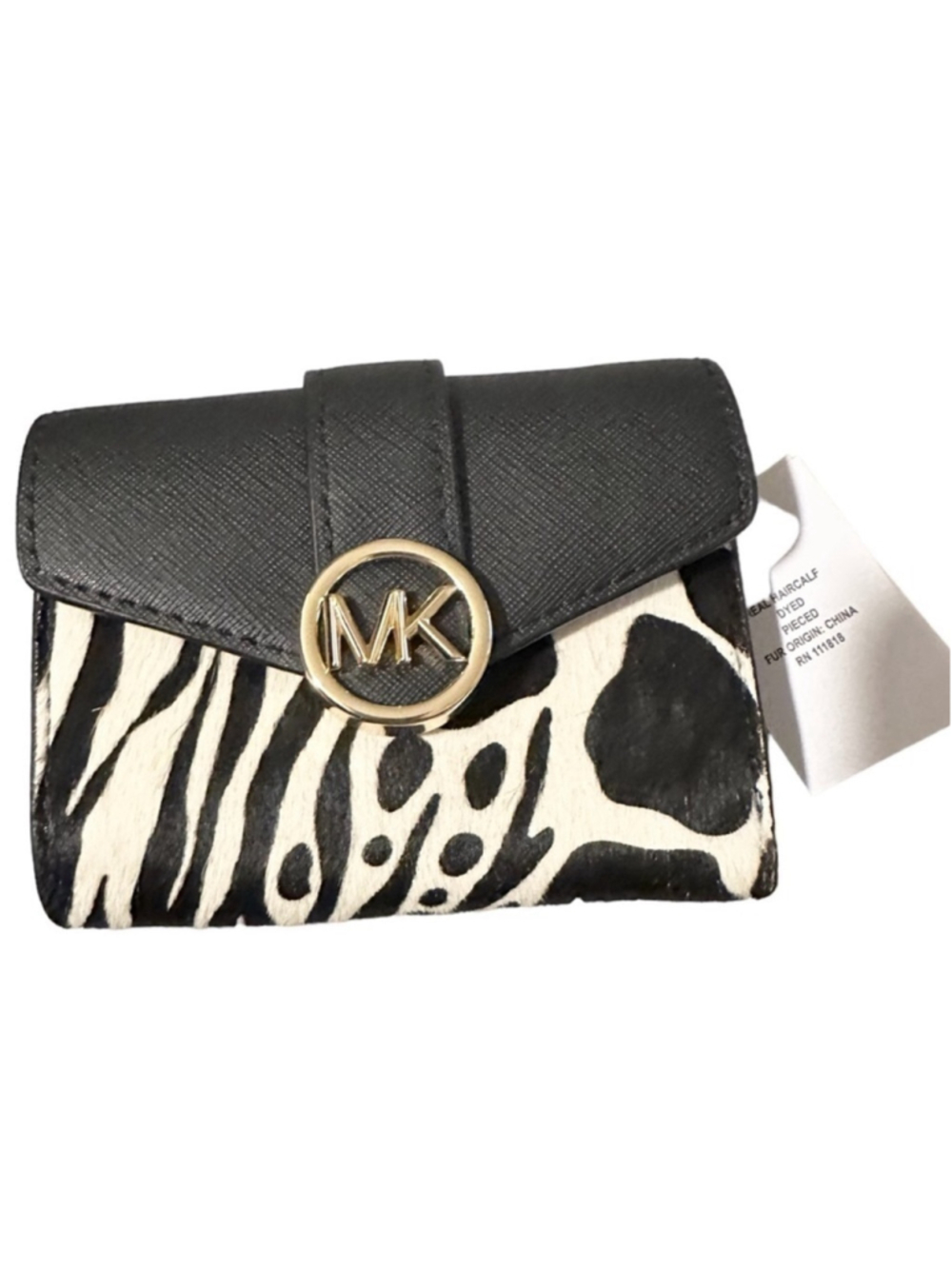 Michael Kors Carmen Leather Calf Hair Medium Flap Bifold Wallet Bag Black, NWT